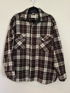 Vtg Amana Woolen Mills Plaid Button Down Wool Shirt Shacket Large Heritage Cabin
